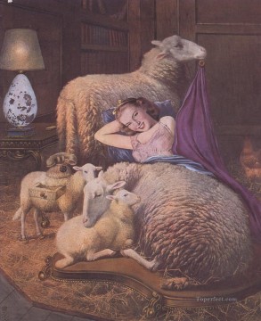 Reclining girl in sheep Surrealism Oil Paintings